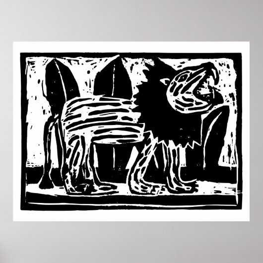 Linoschnitt aus schwarzem und weißem Roaring Lion Poster (Vorne)