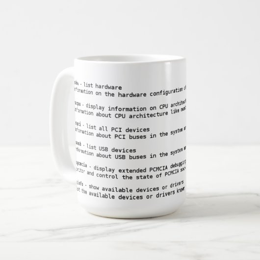Linux-Hardware-Entdeckungs-Befehle Kaffeetasse (Vorderseite Links)
