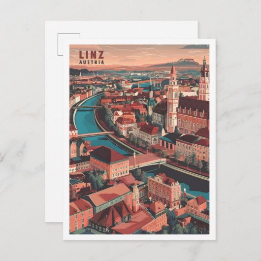 Linz Austria Art Vintage Travel Illustration Postkarte (Vorne/Hinten)