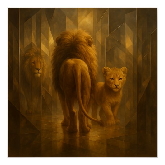 Lion and Cub in a Golden Mirror Maze – GeoWild Art Poster (Vorderseite)