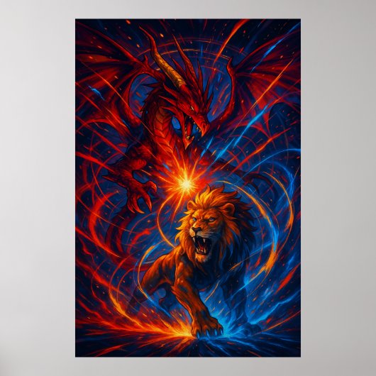 Lion and Dragon Wall Art – Elemental Energy Poster (Vorne)