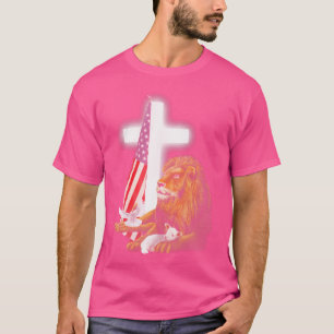 Lion And Lamb Cross Sheep Dove America Flag T-Shirt