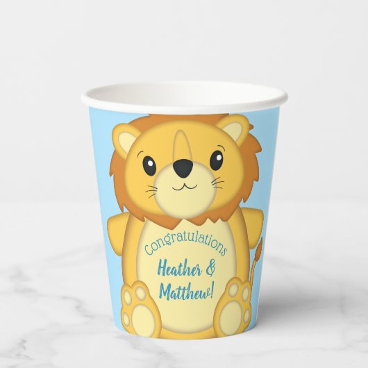 Lion Baby Shower Blue Pappbecher (Rückseite)