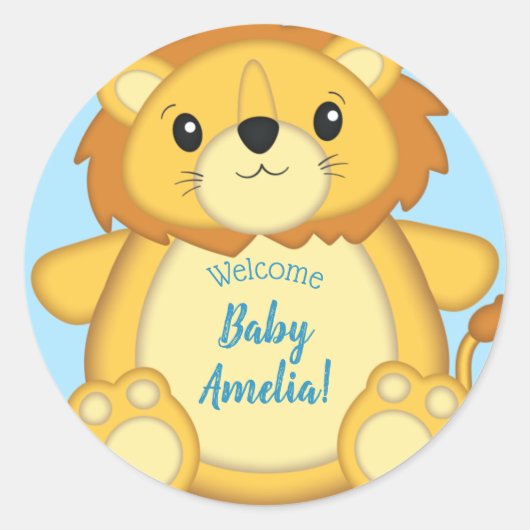 Lion Baby Shower Blue Runder Aufkleber (Vorderseite)