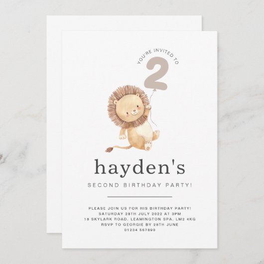 Lion Balloon 2. Geburtstag Einladung (Vorne/Hinten)