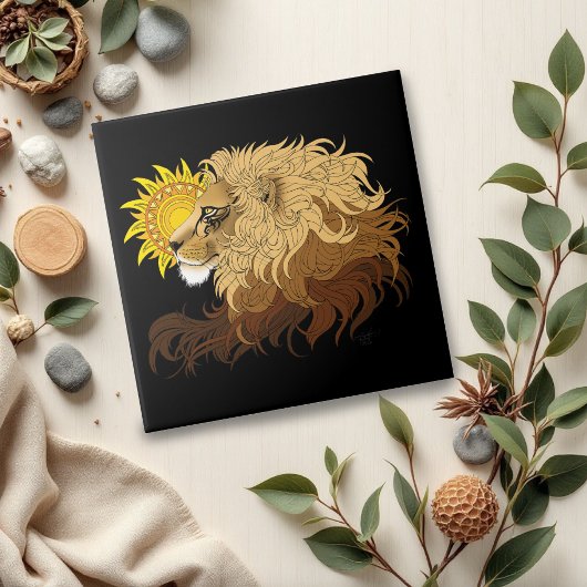 Lion Black Yellow Mandala Sun Fliese