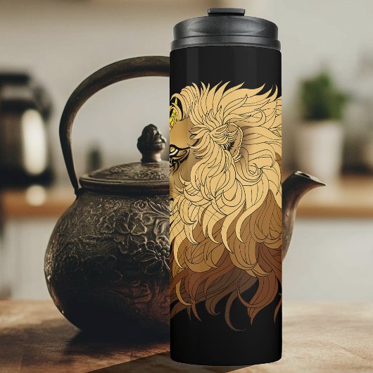 Lion Black Yellow Mandala Sun Thermosbecher