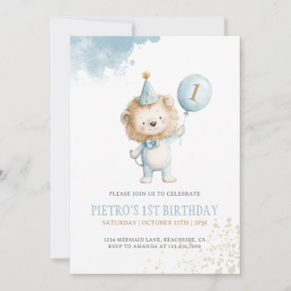 Lion Blue Balloon Boys 1. Geburtstags-Party Einladung