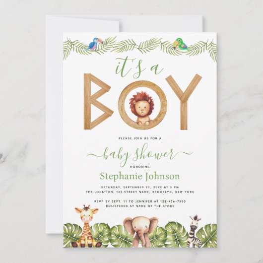 Lion Boy Baby Shower Safari Jungle Blätter Einladung (Vorderseite)
