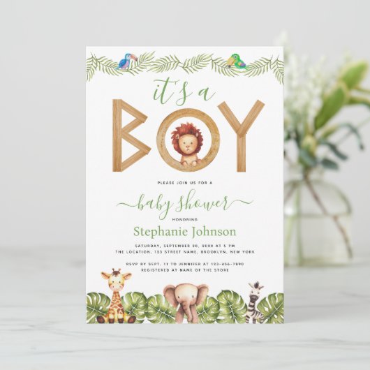 Lion Boy Baby Shower Safari Jungle Blätter Einladung (Stehend Vorderseite)