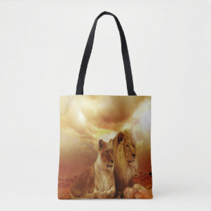 Lion Couple bei Sonnenuntergang Tasche