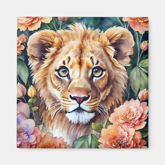 Lion Cub Floral Watercolor Art Magnet (Vorne)