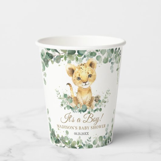 Lion Cub Greenery Boy Gender Neutral Baby Shower  Pappbecher (Rückseite)