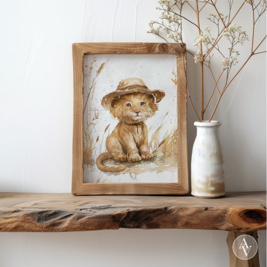 Lion Cub in Hat Whimsical Rustic Art Poster