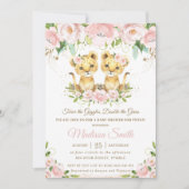 Lion Cubs Blush Pink Floral Twins Baby Dusche Einladung (Vorderseite)