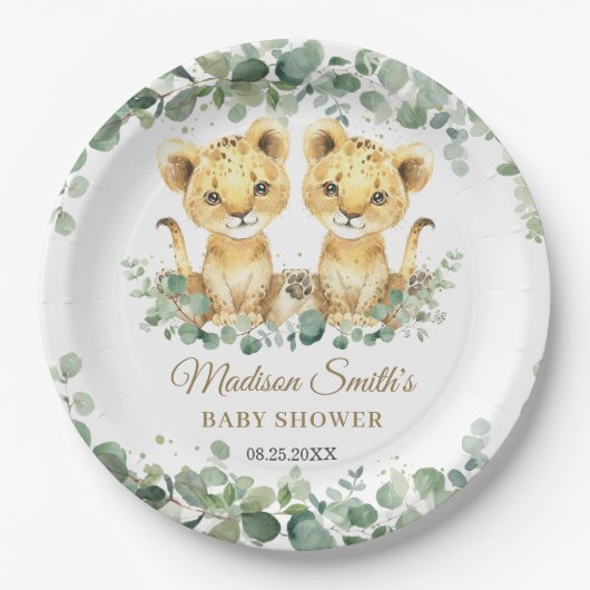 Lion Cubs Greenery Twin Boys Baby Shower Pappteller (Vorderseite)