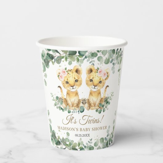 Lion Cubs Greenery Twin Girls Baby Shower  Pappbecher (Rückseite)