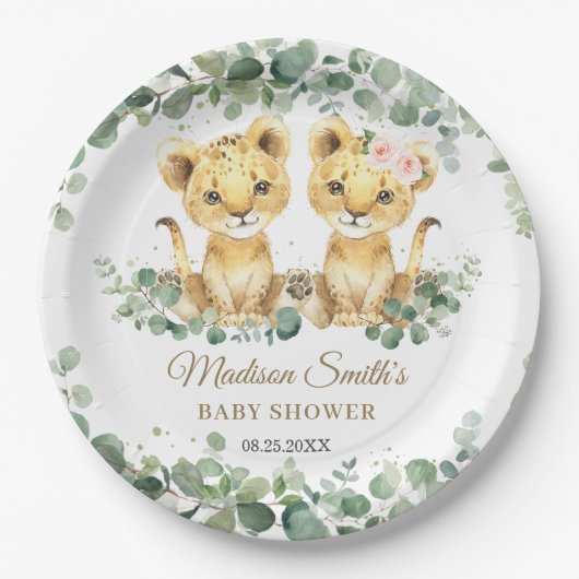 Lion Cubs Greenery Twins Girl Boy Baby Shower Pappteller (Vorderseite)