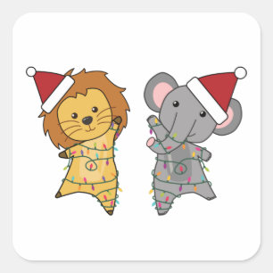 Lion Elephant Christmas Fairy Lights Niedlicher Ti Quadratischer Aufkleber