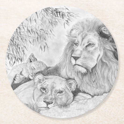 Lion Family Runder Pappuntersetzer (Vorderseite)