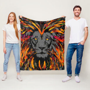 Lion Fleece Blanket   Orange Dark Lion Head Fleece