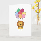 Lion fliegt mit farbenfrohen Balloons auf Karte (Gelbe Blume)