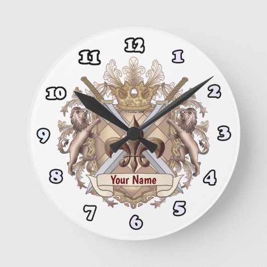 Lion Griffin Shield-Nachname Runde Wanduhr (Vorderseite)