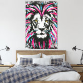 Lion Head Leinwand | Blue Pink Lion Canvas Print (Insitu (Schlafzimmer))