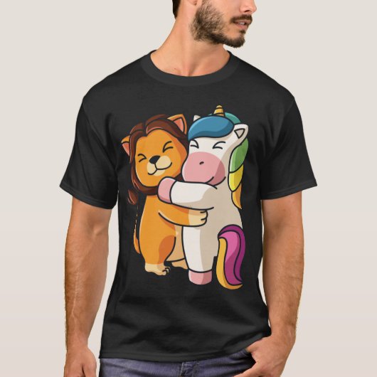 Lion hugging unicorn Hug Cuddle Animals retro T-Shirt (Vorderseite)