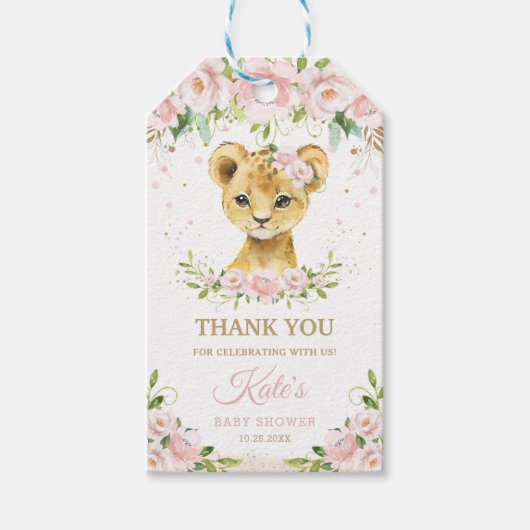Lion Jungle Animals Blush Floral Girl Baby Dusche Geschenkanhänger (Vorderseite)