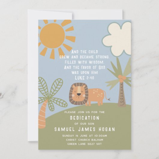 Lion & Jungle Scripture Baby Dedication Einladung (Vorderseite)