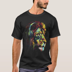 Lion Kopfhörer Musik Farbenfrohe Zootiere Löwe T-Shirt