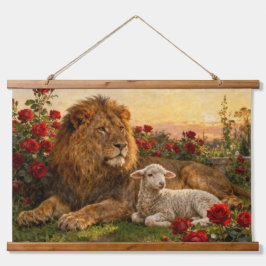 Lion & Lamb in the Roses Wandteppich Mit Holzrahmen