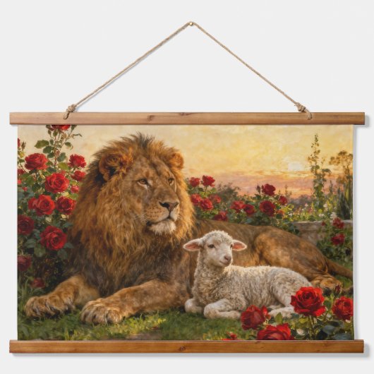 Lion & Lamb in the Roses Wandteppich Mit Holzrahmen (Vorne)