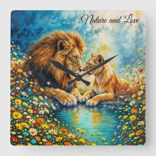 Lion Lioness Wildkatzen Liebe wild lebende Tiere Quadratische Wanduhr