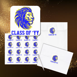 Lion Mascot Blue and Yellow Graduate Envelope Quadratischer Aufkleber