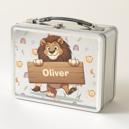 Lion mit Holzschild Metall Brotdose (Vorderseite)