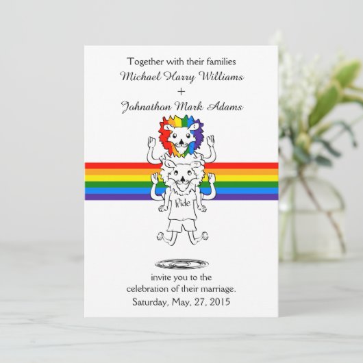 Lion Rainbow Gay Pride Hochzeitseinladung Einladung (Stehend Vorderseite)