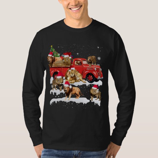 Lion Riding Red Truck Frohe Weihnachts X-mas Ugly  T-Shirt (Vorderseite)