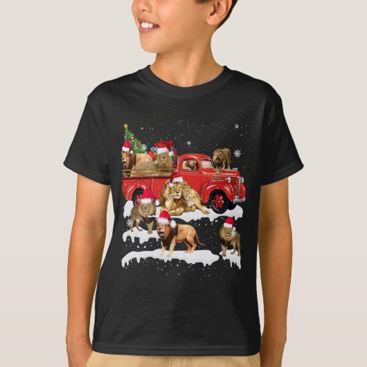Lion Riding Red Truck Frohe Weihnachts X-mas Ugly  T-Shirt (Vorderseite)