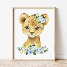 Lion, Safari, Jungle, Blue Flowers, Boy Nursery Poster