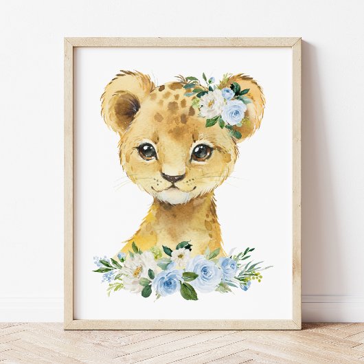 Lion, Safari, Jungle, Blue Flowers, Boy Nursery Poster