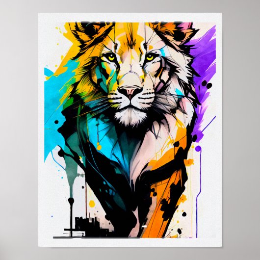 Lion schwarz lila blaue Linien zeichnen pash Poster (Vorne)