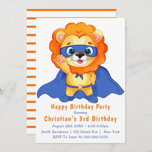 Lion Superhero 3. Geburtstag Einladungen (Vorne/Hinten)