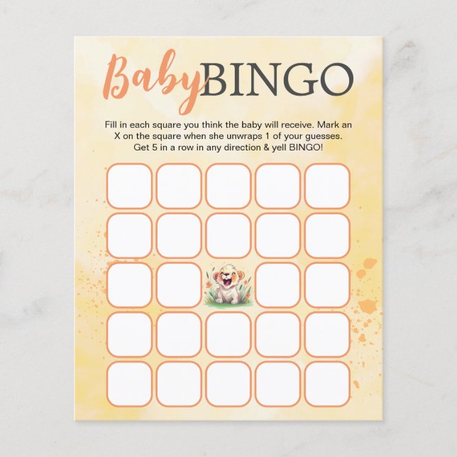 Lion Themed Baby Dusche Bingo Card (Vorderseite)