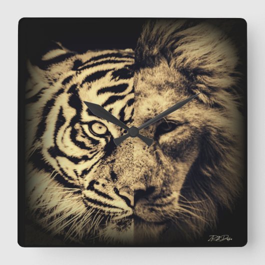 Lion Tiger 2in1 Wall Clock Quadratische Wanduhr (Vorderseite)