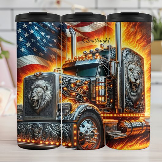 Lion Truck American Flag Feuer Thermosbecher