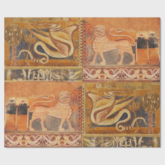 LION UND DRAGON Mittelalterliches Fresco in Gelb O Geschenkpapier (Flach)