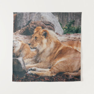 LION UND LIONESS AUF DER BROWNEN OBERFLÄCHE WANDTEPPICH