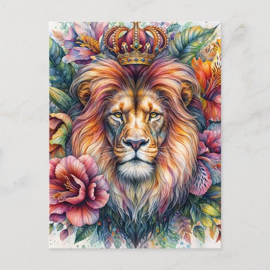 Lion Wear Crown Floral Watercolor Portrait Postkarte (Vorderseite)